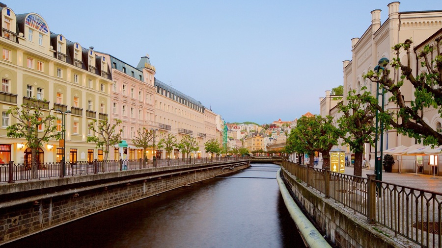 Karlovy Vary showing a river or creek and a city