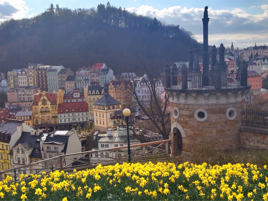 The most adorable spa town ever , make sure to take the steps up to this little church and park for a great view of the city ! #czechrepublic