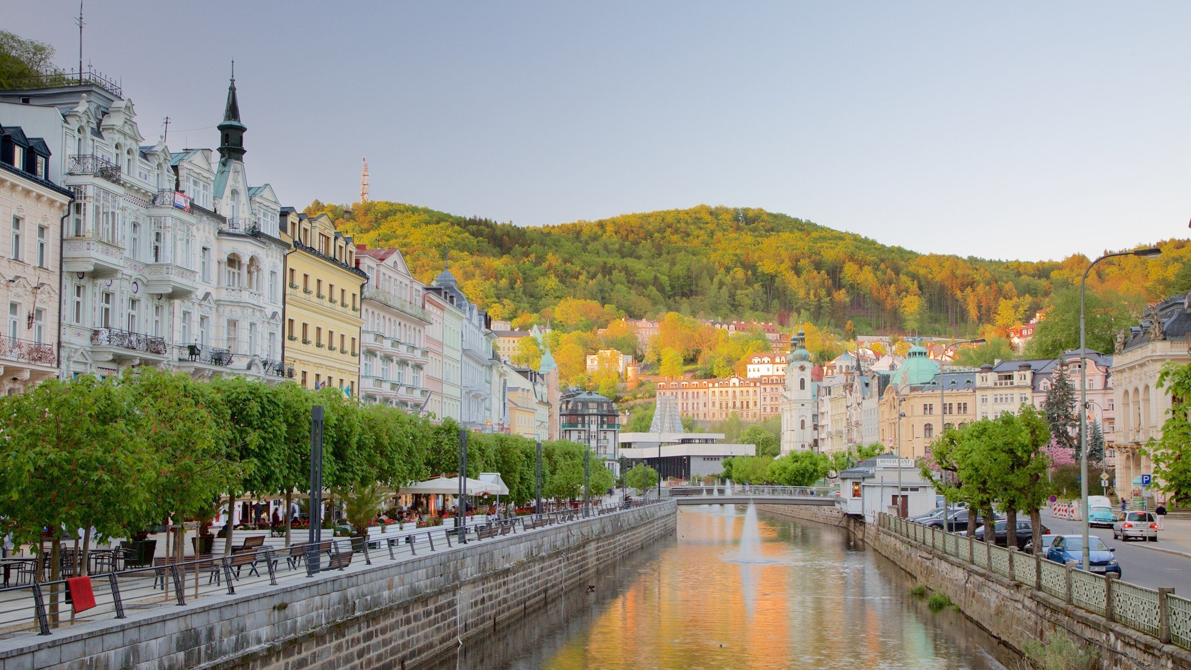 Karlovy Vary which includes a city and a river or creek
