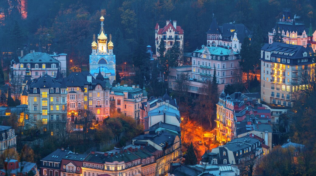 View to Karlovy Vary city from above at sunset