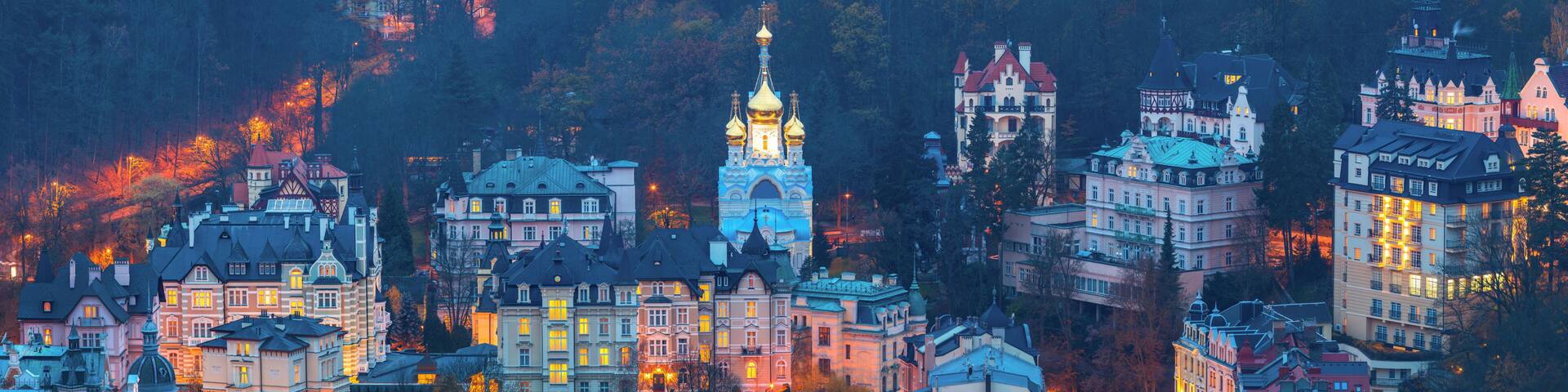 View to Karlovy Vary city from above at sunset