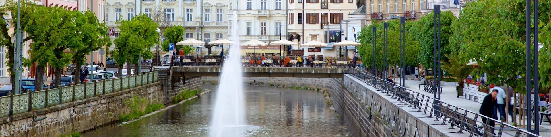 A historic European town with a central fountain, ornate buildings, and a tree-lined promenade.