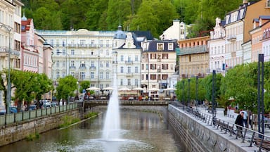 A historic European town with a central fountain, ornate buildings, and a tree-lined promenade.