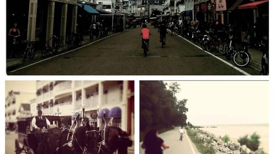 Una calle con edificios, un carruaje tirado por caballos y un ciclista.