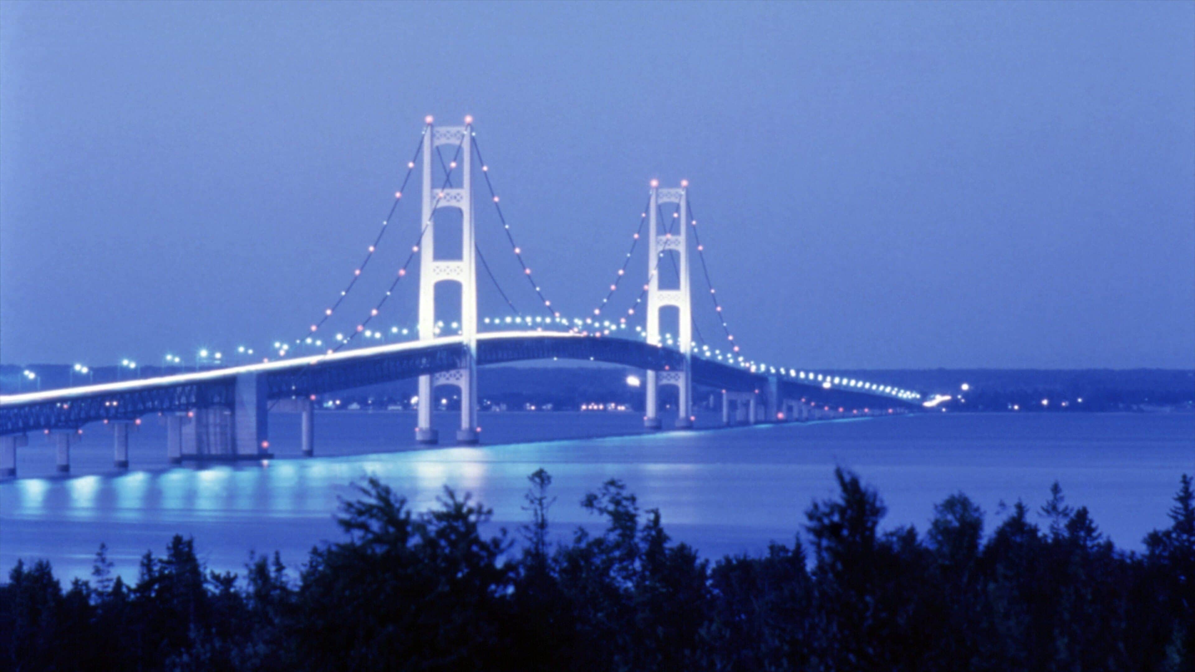 Mackinac Island featuring night scenes, island images and a bridge