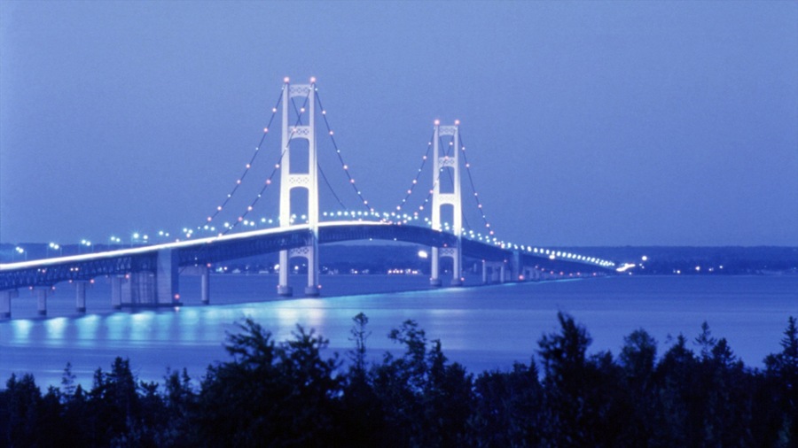 Mackinac Island featuring night scenes, island images and a bridge