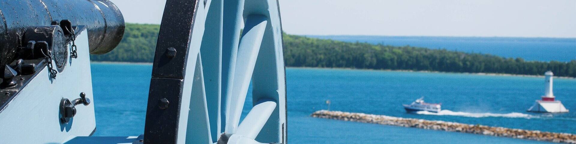 The view from atop Fort Mackinac. The cannons get fired every day at set times. The fort also features other revolutionary war reenactments and musket firings.
#MackinacIsland
#Greatlakes
#Cannon
#Fort