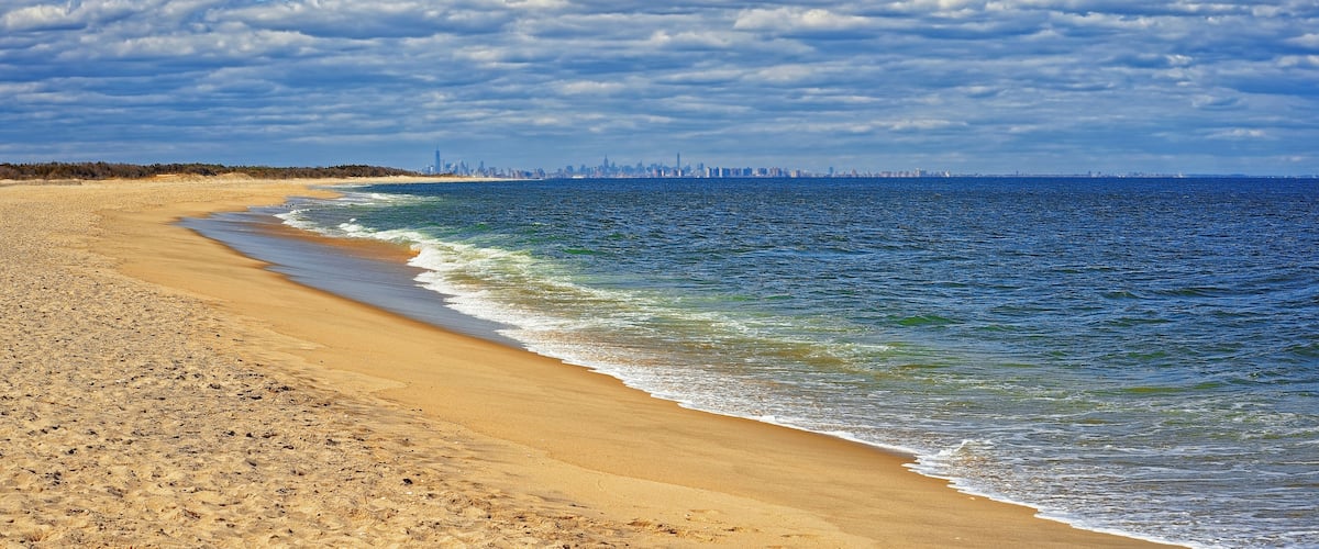 A sandy beach with gentle waves, a clear sky, and a distant city skyline.