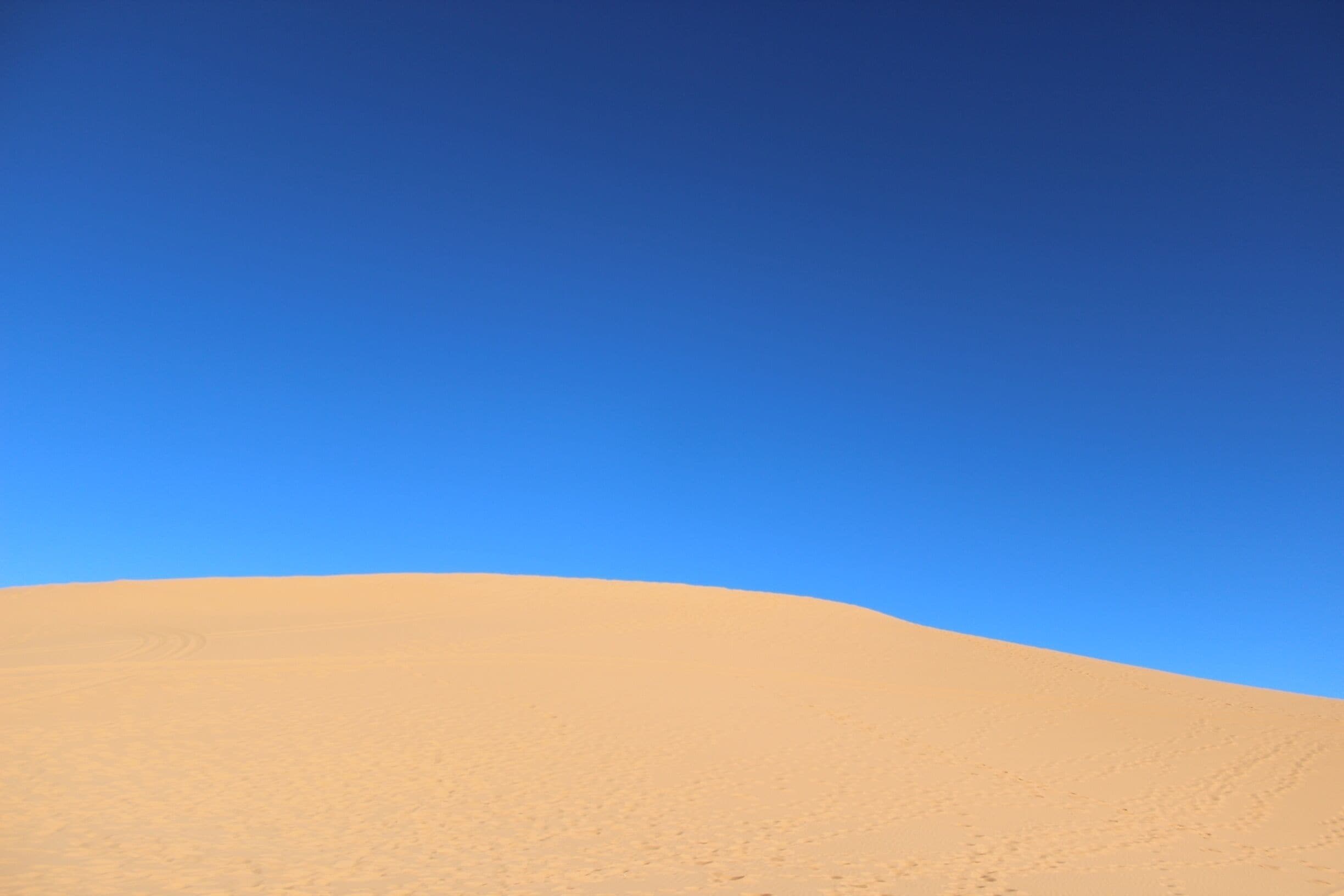 A clear blue sky above a vast sandy dune landscape.