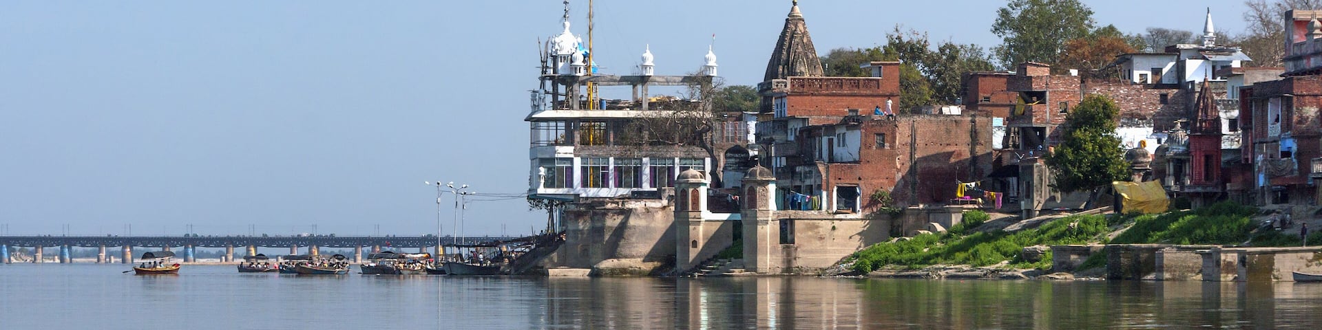 India Kanpur: View from the river to the corner of Sirsaiya Ghat on Ganges River.