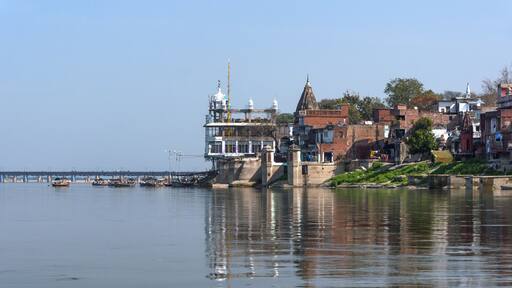 India Kanpur: View from the river to the corner of Sirsaiya Ghat on Ganges River.