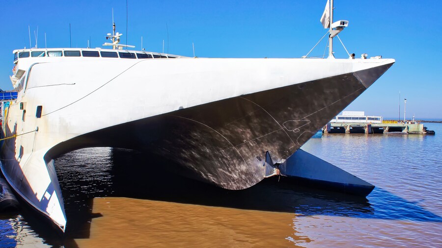 Uruguay, Colonia del Sacramento-Buquebus Express speed ship waiting for passengers before departure to Buenos Aires