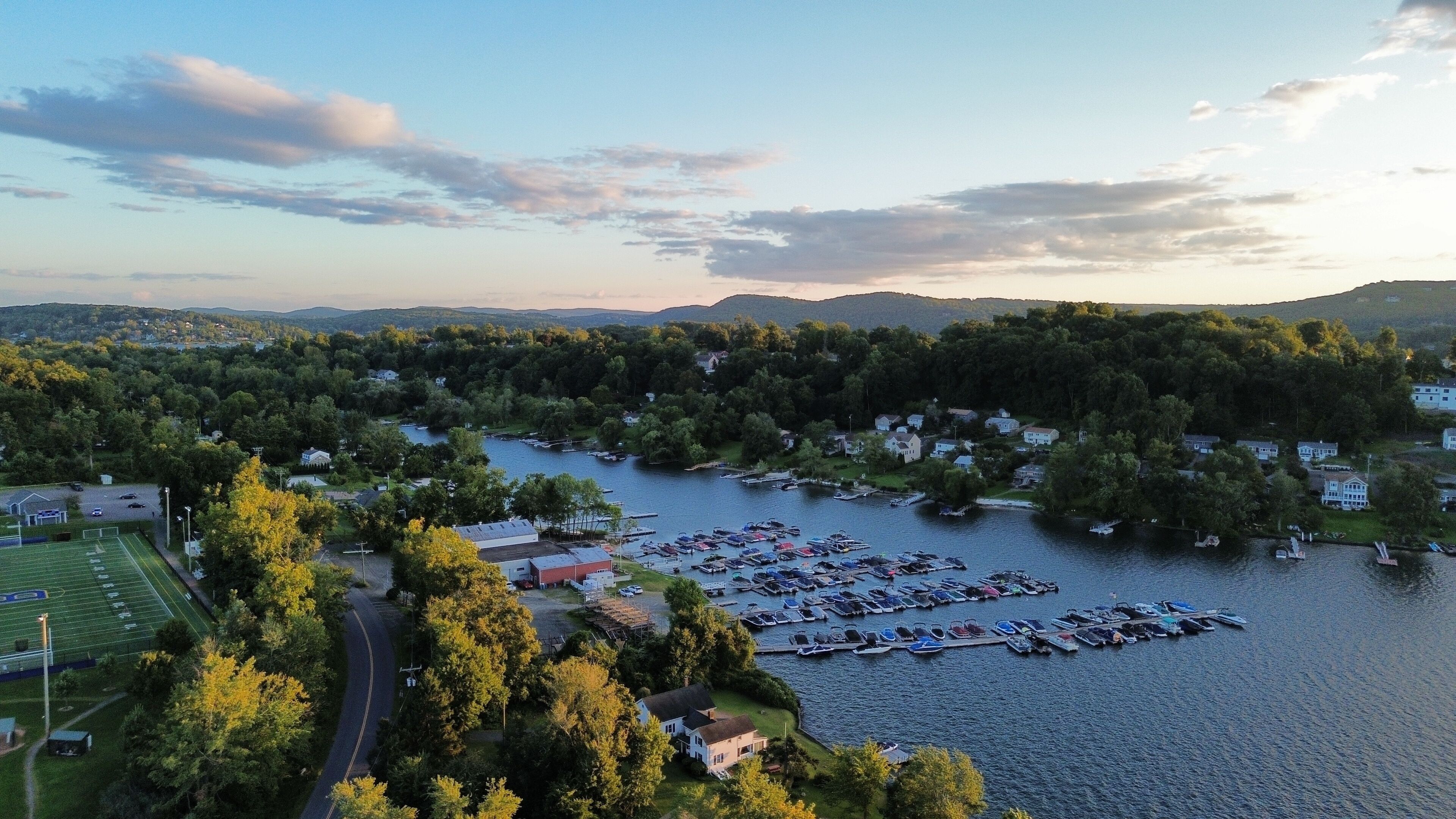 Aerial imagery of a docking marina on Candlewood Lake in Brookfield Connecticut 