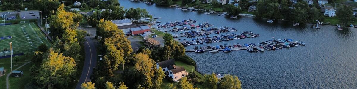 Aerial imagery of a docking marina on Candlewood Lake in Brookfield Connecticut
