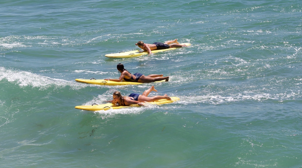 Hermosa Beach which includes a beach and surfing as well as a small group of people