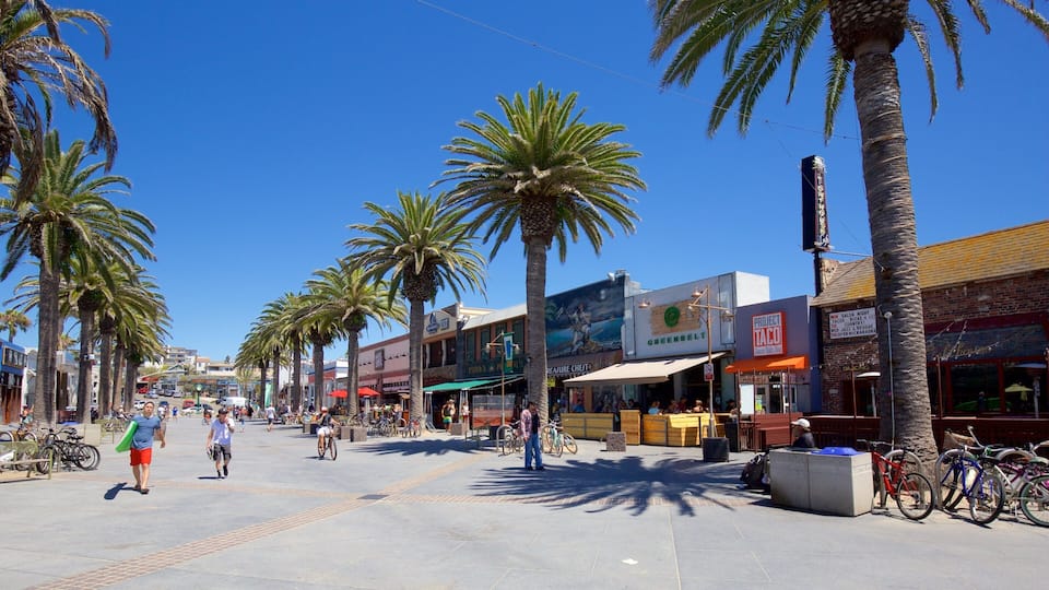 A sunny street lined with palm trees and various shops.