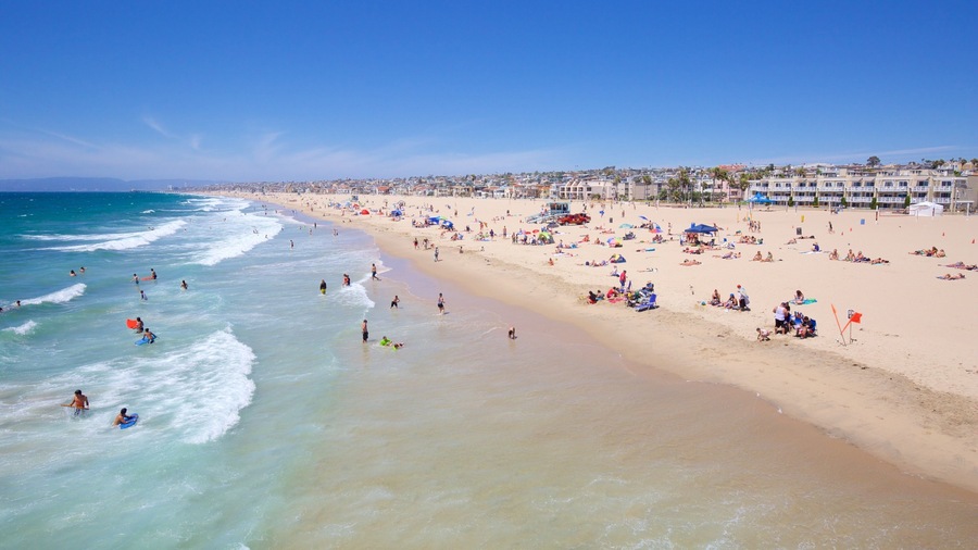 Hermosa Beach welches beinhaltet Strand und allgemeine Küstenansicht sowie große Menschengruppe