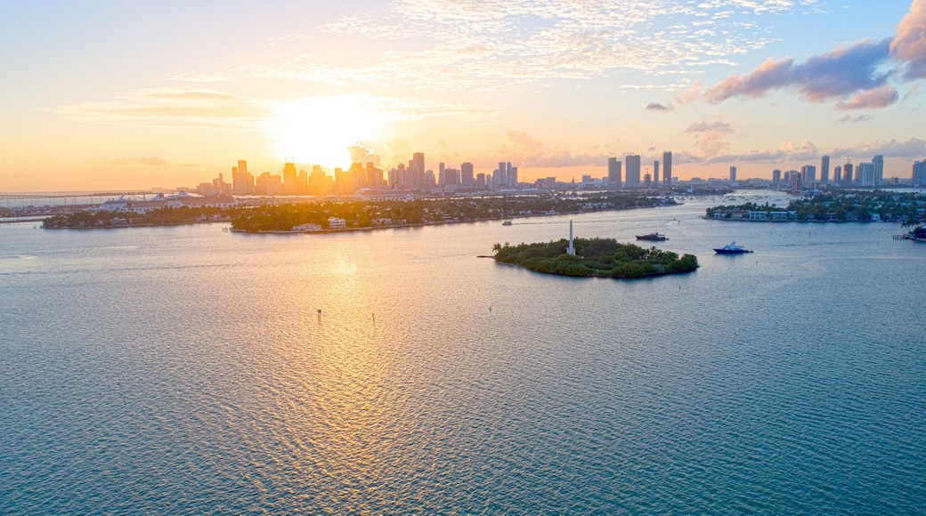 City of Miami Florida Aerial Sunset View Biscayne Bay