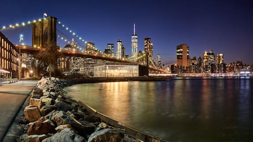 Brooklyn Bridge Park waterfront in evening with view of skyscrapers of Lower Manhattan and the Brooklyn Bridge. Brooklyn, Manhattan, New York City
