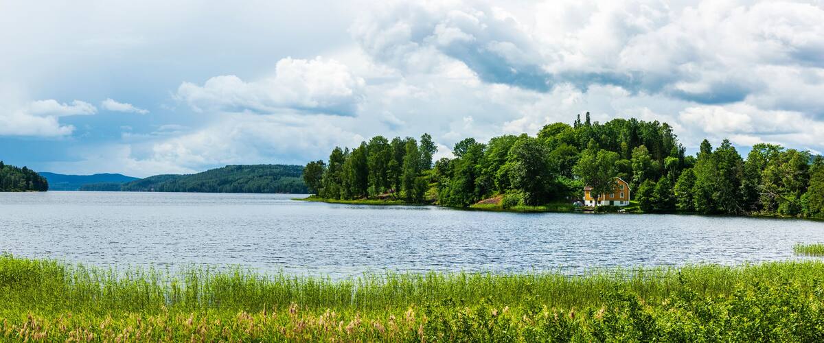 A lake surrounded by lush greenery and a small house on an island.