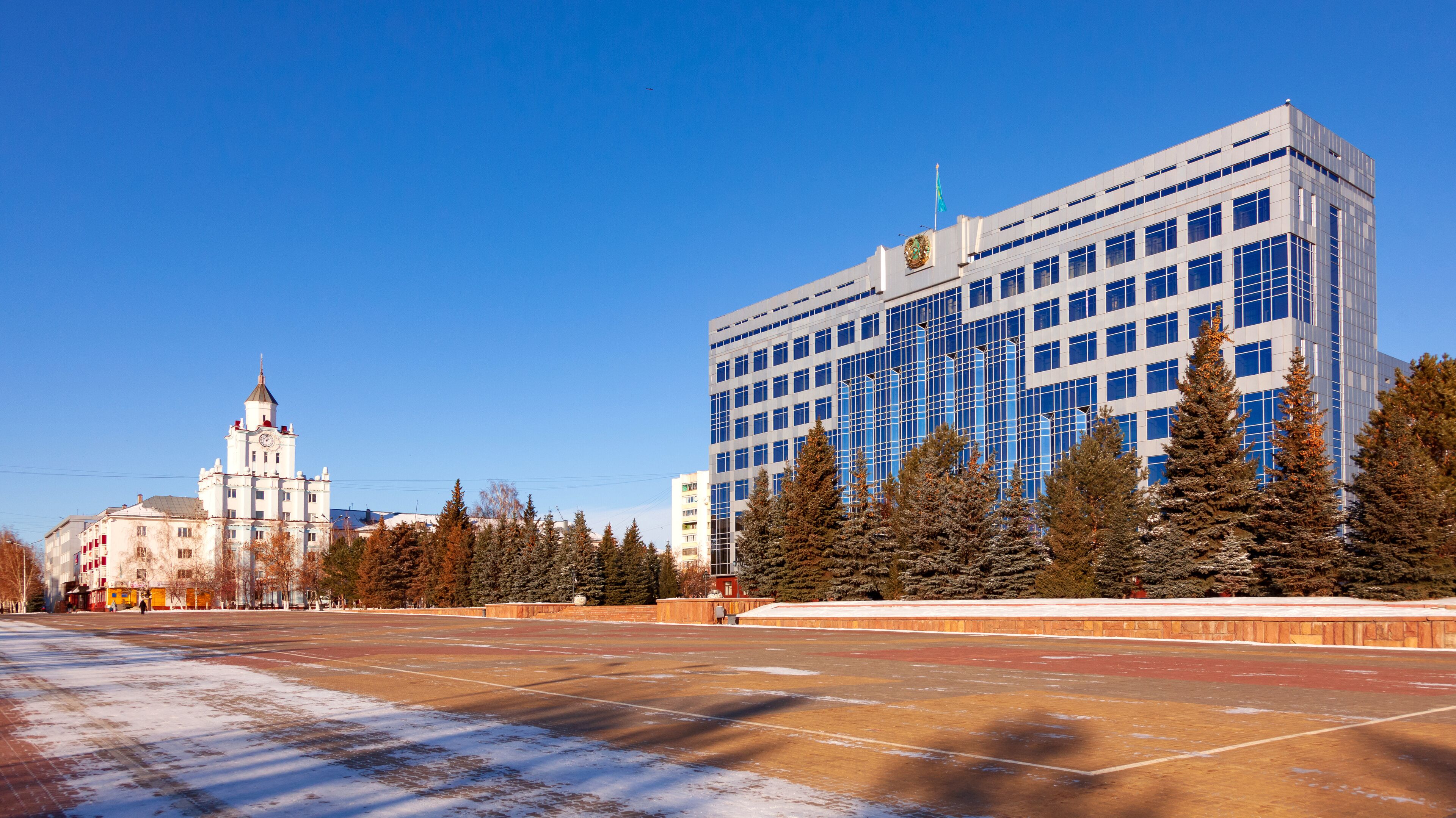 Building of the akimat of Qostanai region of Kazakhstan. Main square of the city