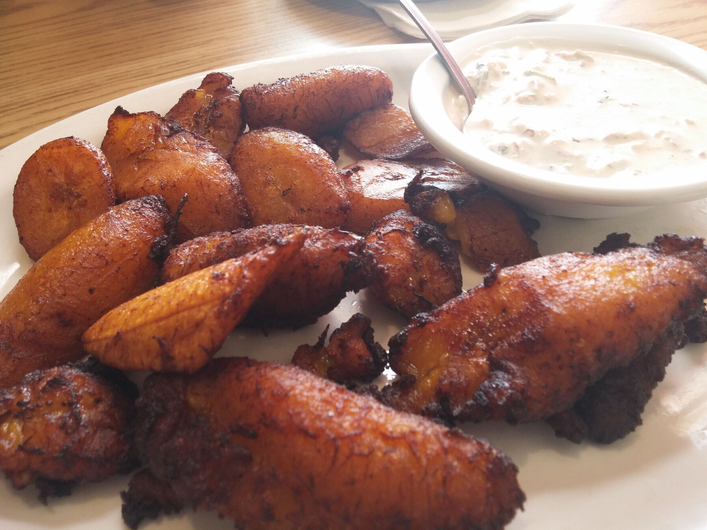 Fried Plantains with a salsa-ranch dipping sauce from Louie's Grill Fusion Restaurant in Hilliard. 

Quite an eclectic menu with Cuban, Cajun, Mexican, American and Italian offerings.