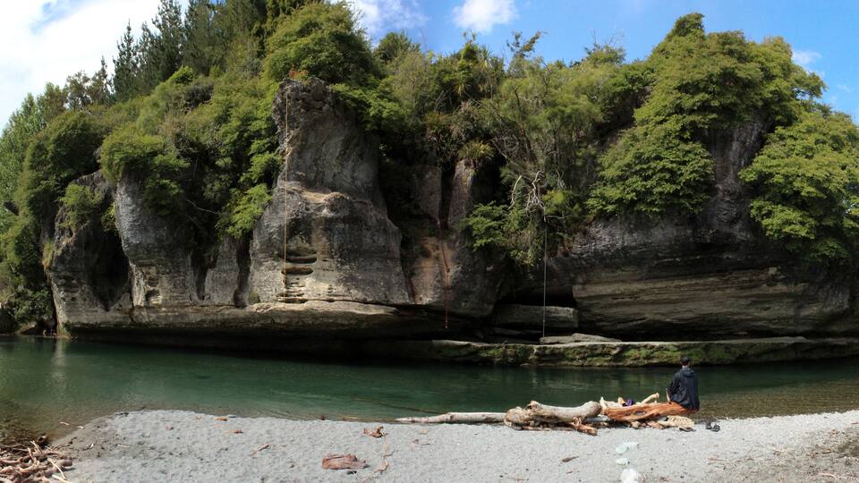 A rocky cliff with dense green vegetation and a calm river.