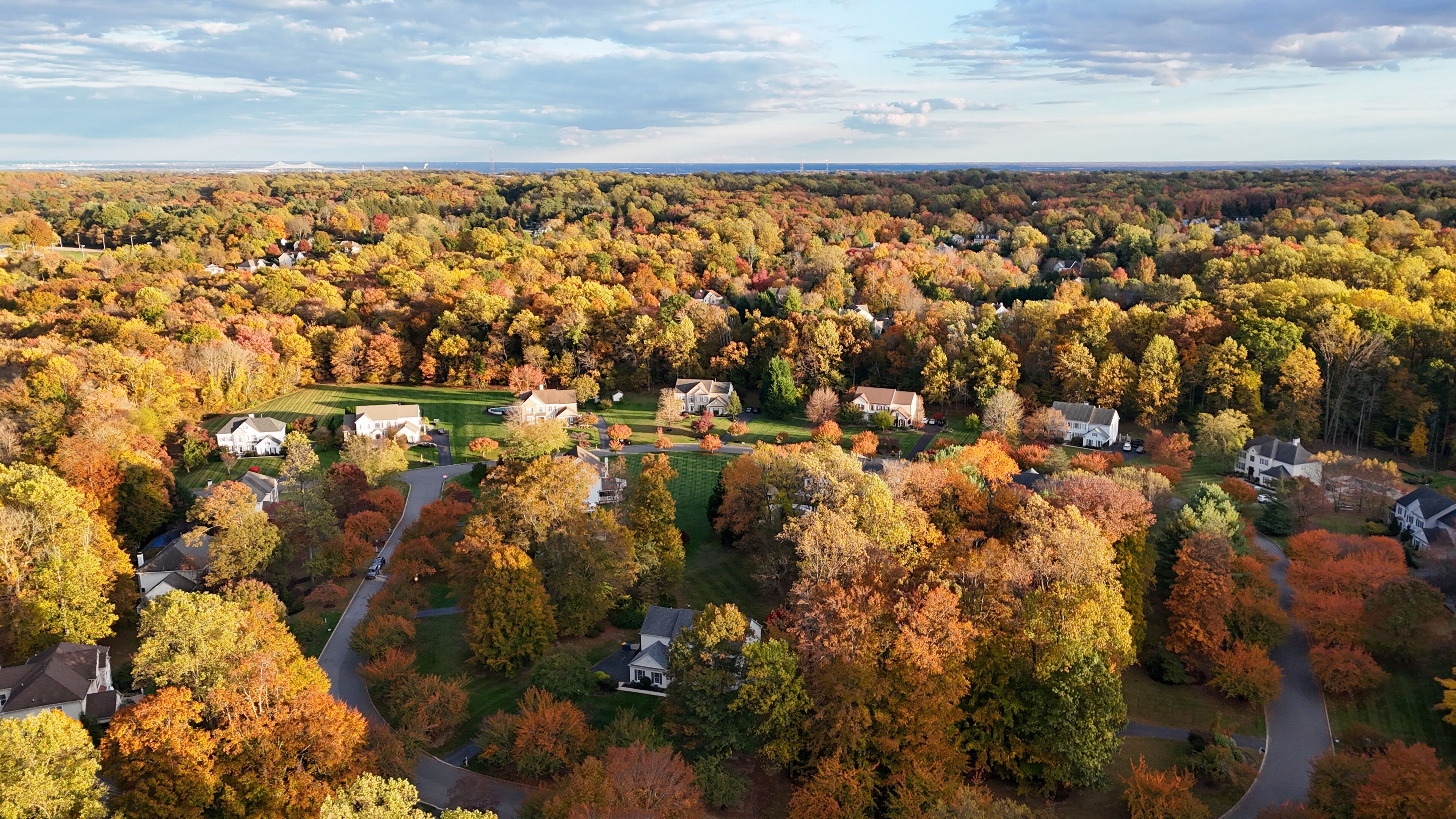 A residential area with autumn foliage, houses, and a distant view of a bridge.