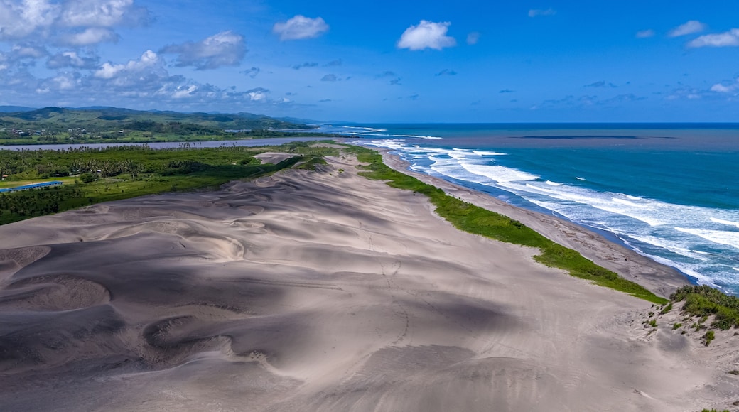 Drone view focusing on the beautiful curves and geological formations of the Sigatoka Sand Dunes in Fiji as they meet the coastline