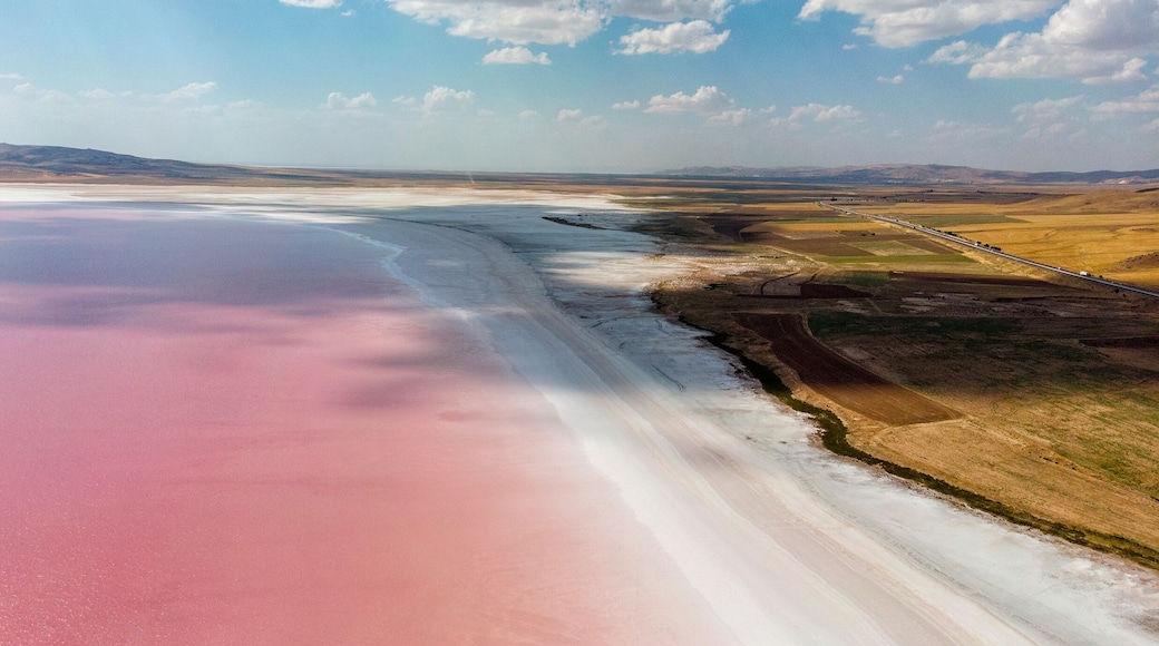 Aerial view of Lake Tuz, Tuz Golu. Salt Lake. Red, pink salt water. It is the second largest lake in Turkey and one of the largest hypersaline lakes in the world. It is located in the Central Anatolia