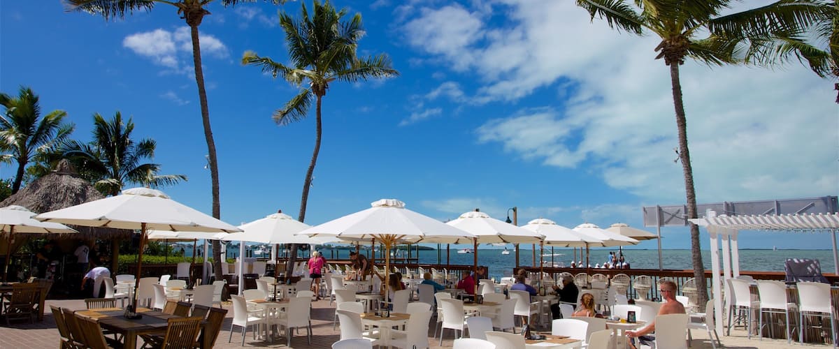 A beachside restaurant with white tables and chairs, palm trees, and a view of the sea.