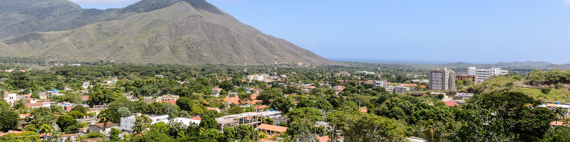 A coastal town with mountains in the background, surrounded by dense greenery and red-roofed buildings.