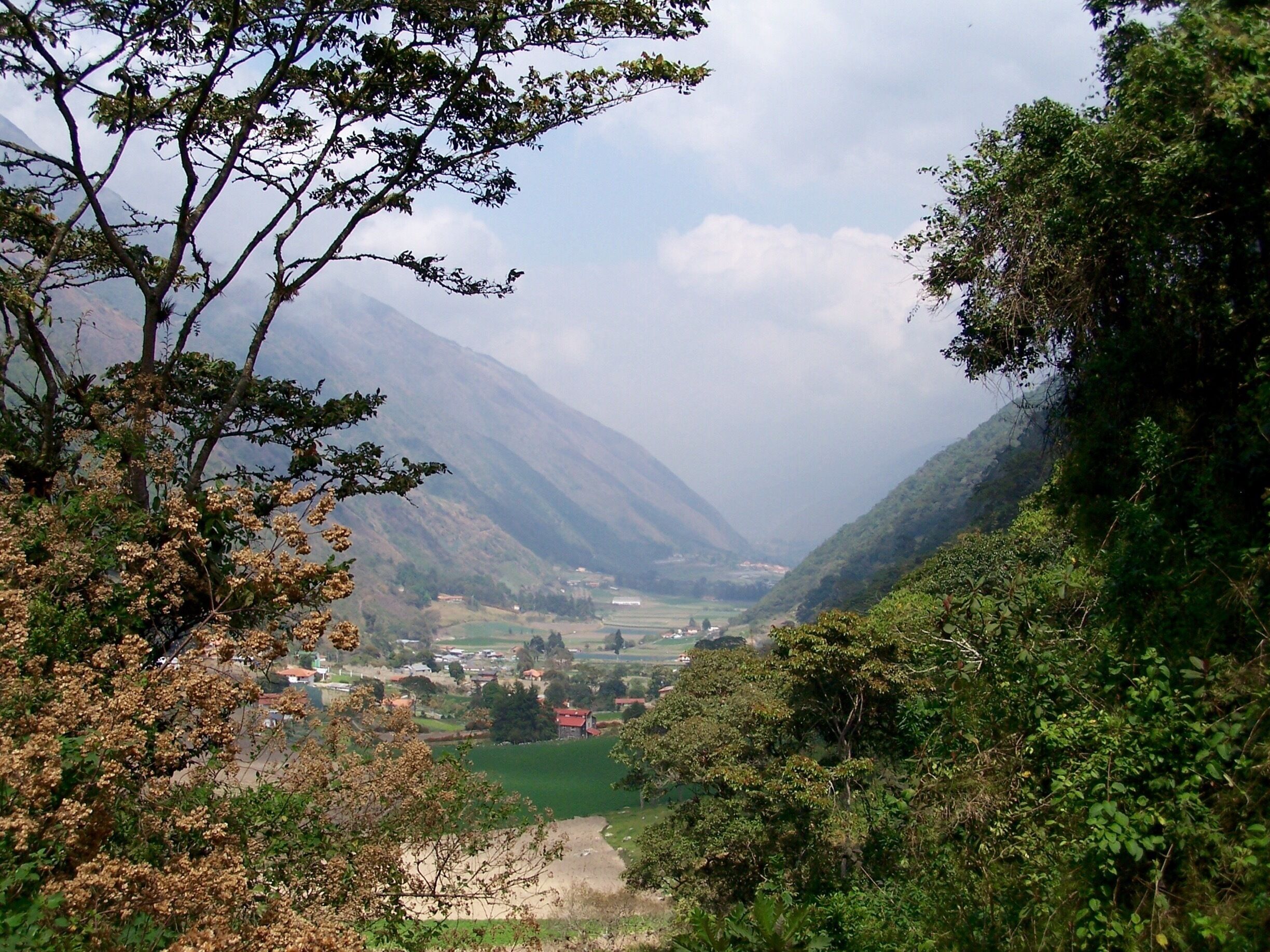 A valley with mountains in the background, a river, and scattered houses.