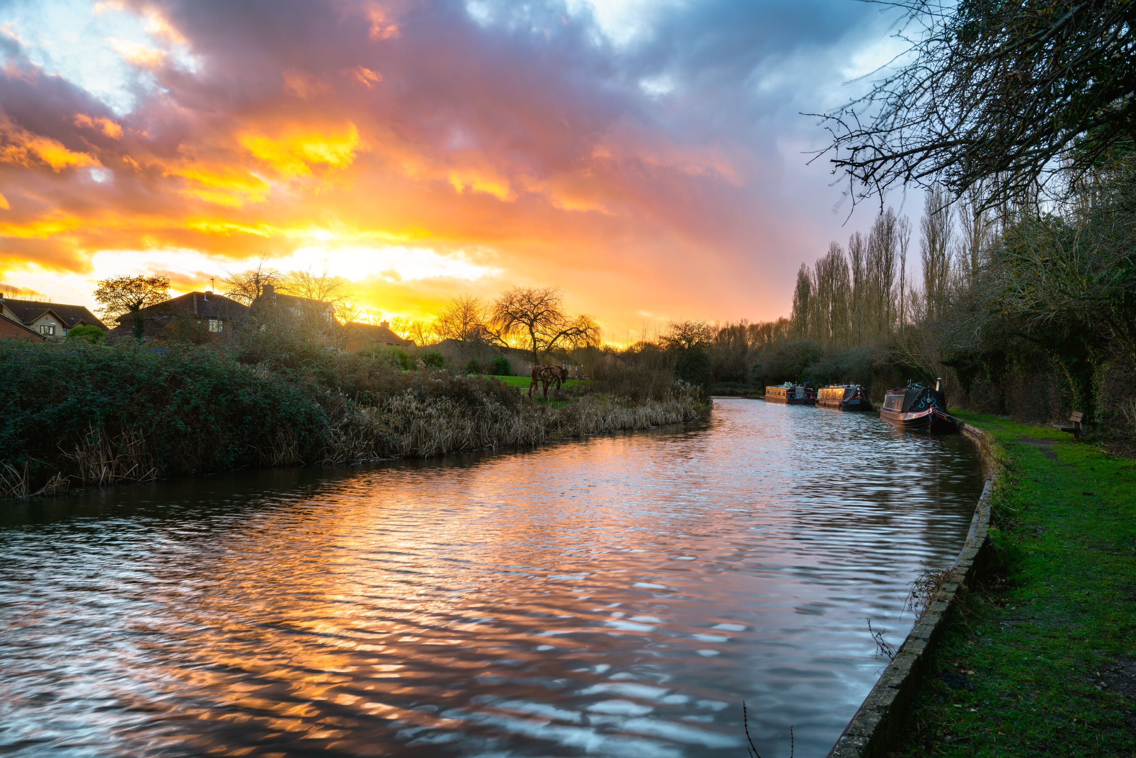A river with boats, surrounded by trees and houses under a sunset sky.