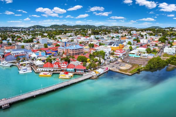 Panoramic aerial view of St. Johns, capital city of Antigua and Barbuda island, Caribbean Sea, with Redcliffe and Heritage Quay