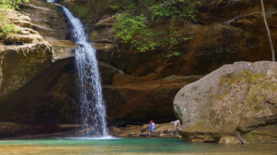 Breathtaking view of cascade along a hiking trail in Hocking Hills State Park. Logan, Ohio.