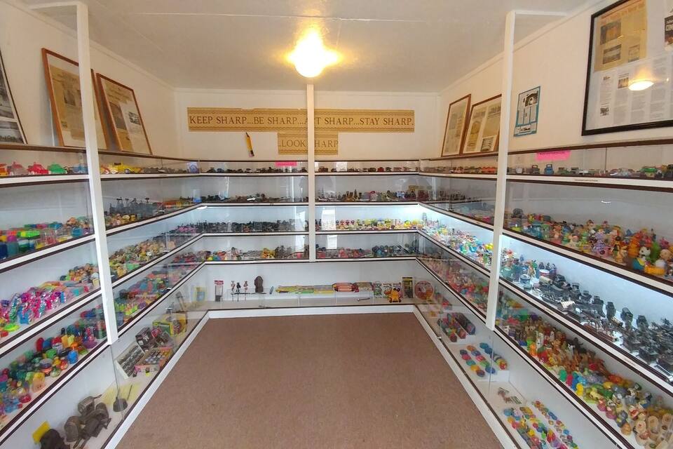 A room with shelves filled with various toys and collectibles.