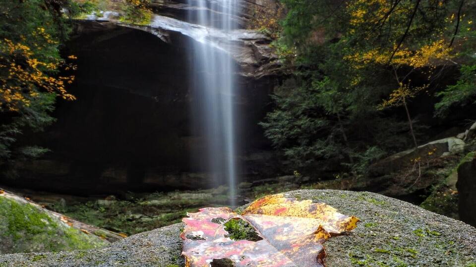 A waterfall cascading down a rocky cliff surrounded by autumn foliage.