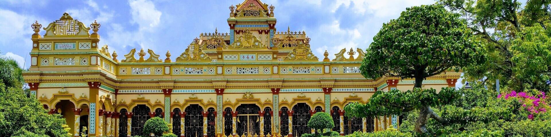 Chua Vinh Trang Pagoda, My Tho, Mekong Delta, Vietnam
This Pagoda stands in beautiful garden surroundings. There are also some big Buddah statues including a huge Happy Buddah, and other temples to see here. #packsandaplan