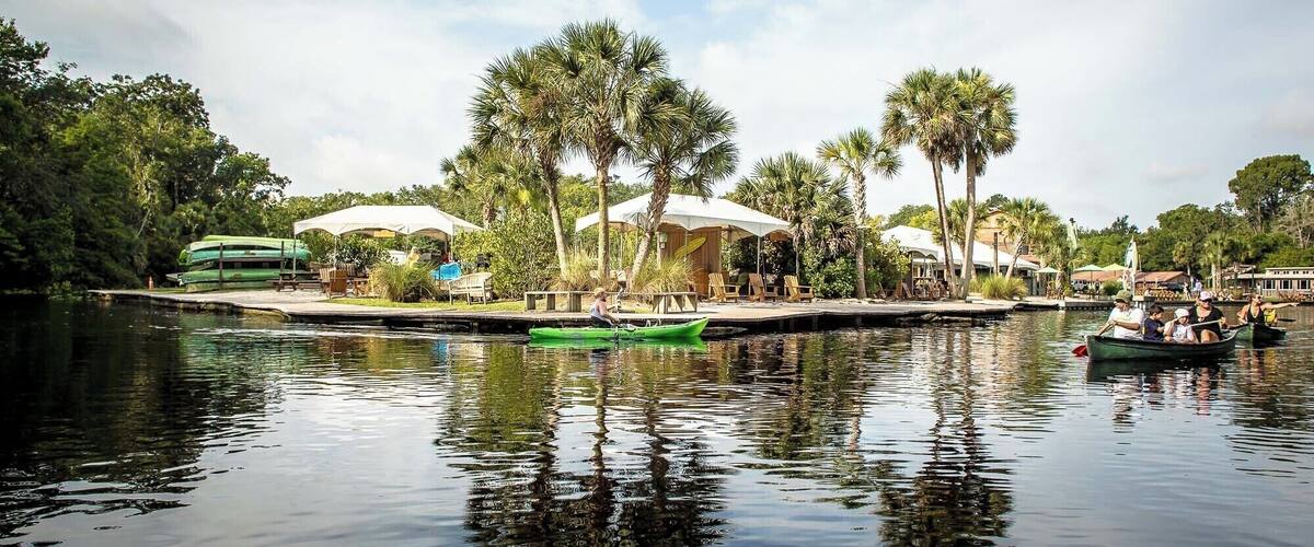 A calm water body with boats, palm trees, and outdoor seating areas under umbrellas.