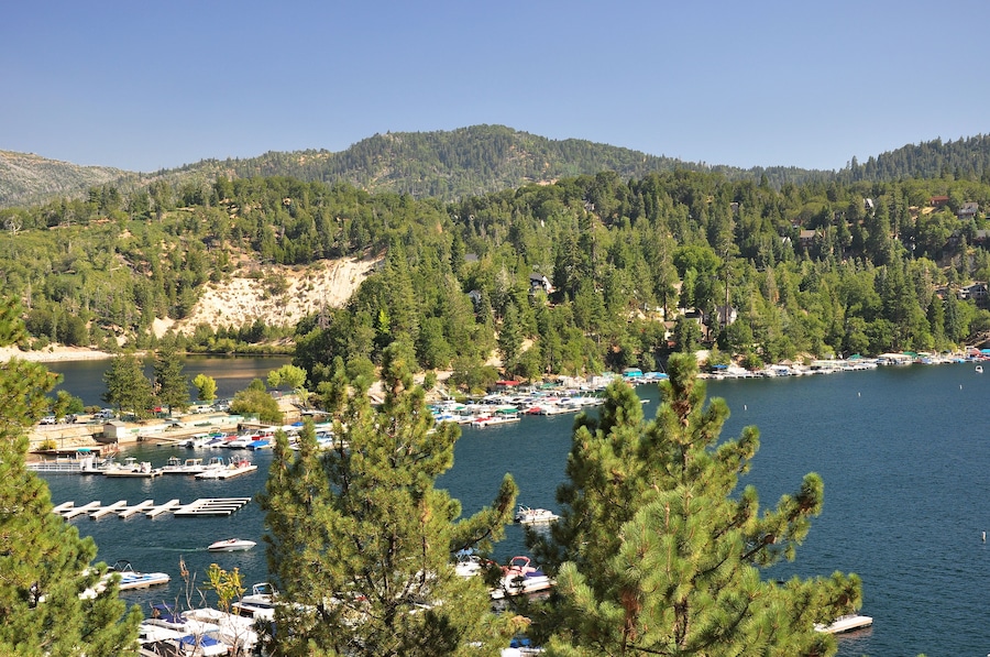 Looking over Lake Arrowhead and the scenic San Bernardino National Forest in Southern California.