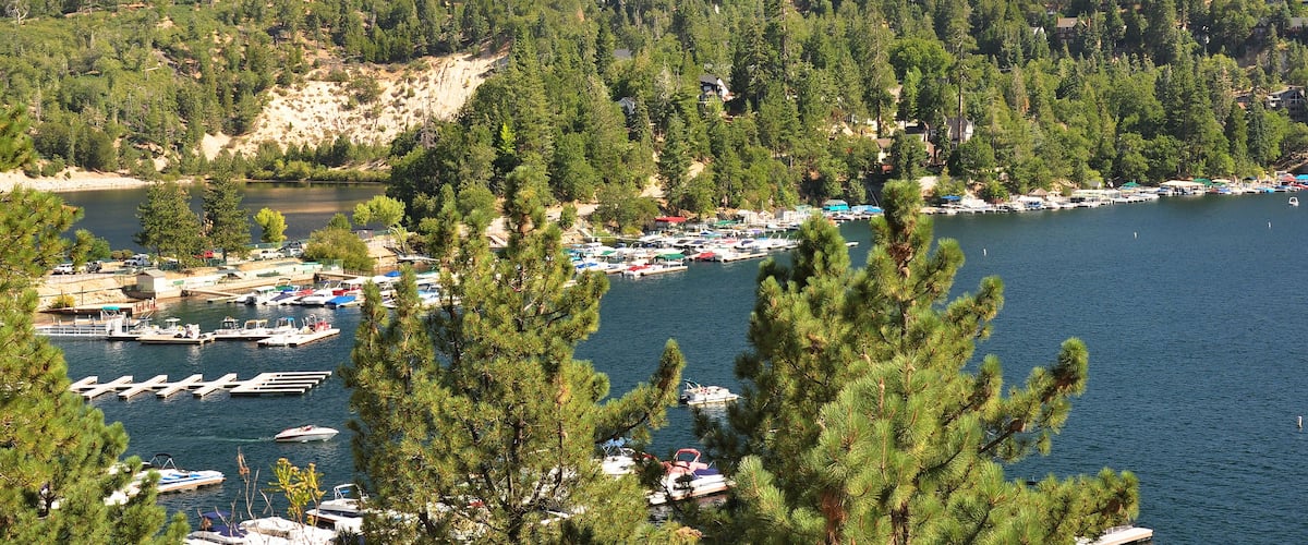 Looking over Lake Arrowhead and the scenic San Bernardino National Forest in Southern California.