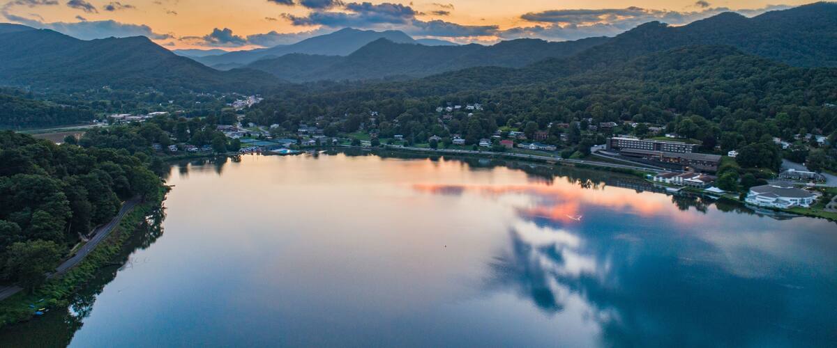 Lake Junaluska Drone Sunset Aerial Panorama