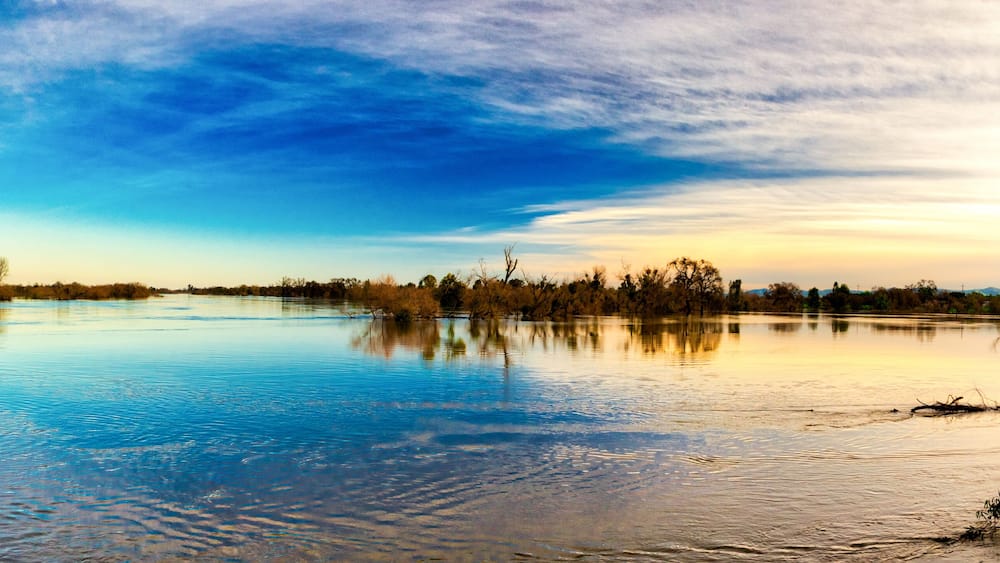 A calm river with a wooden dock, surrounded by trees and a clear sky.