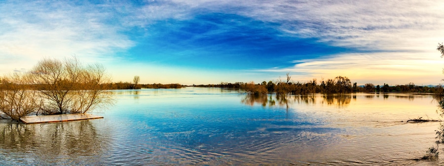 A calm river with a wooden dock, surrounded by trees and a clear sky.