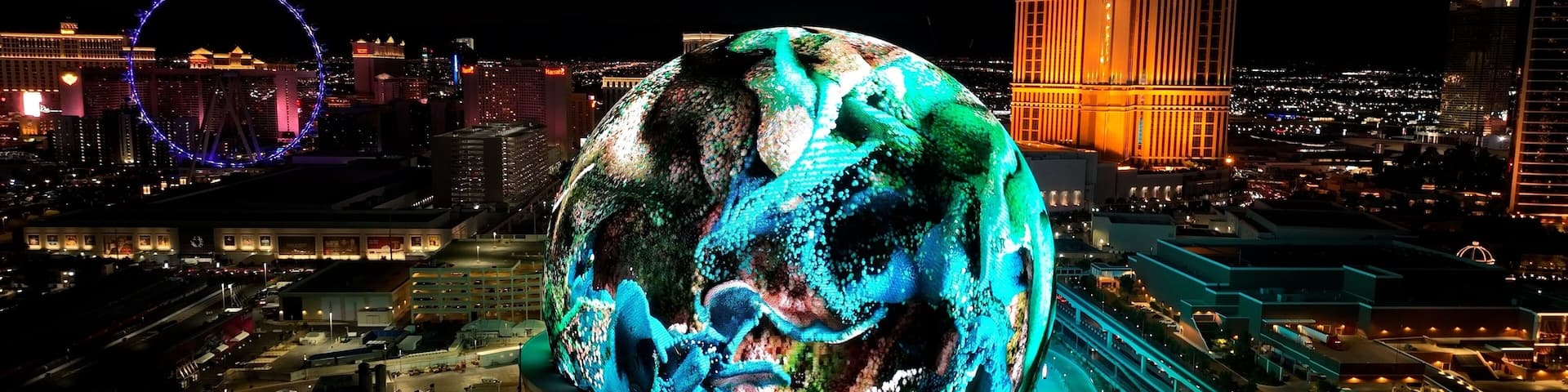 Las Vegas Sphere At Las Vegas In Nevada United States. Famous Night Landscape. Entertainment Scenery. Las Vegas Sphere At Las Vegas In Nevada United States.