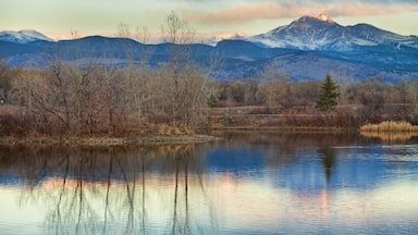 A sunrise view of Longs Peak at golden ponds in Longmont Colorado, Boulder County