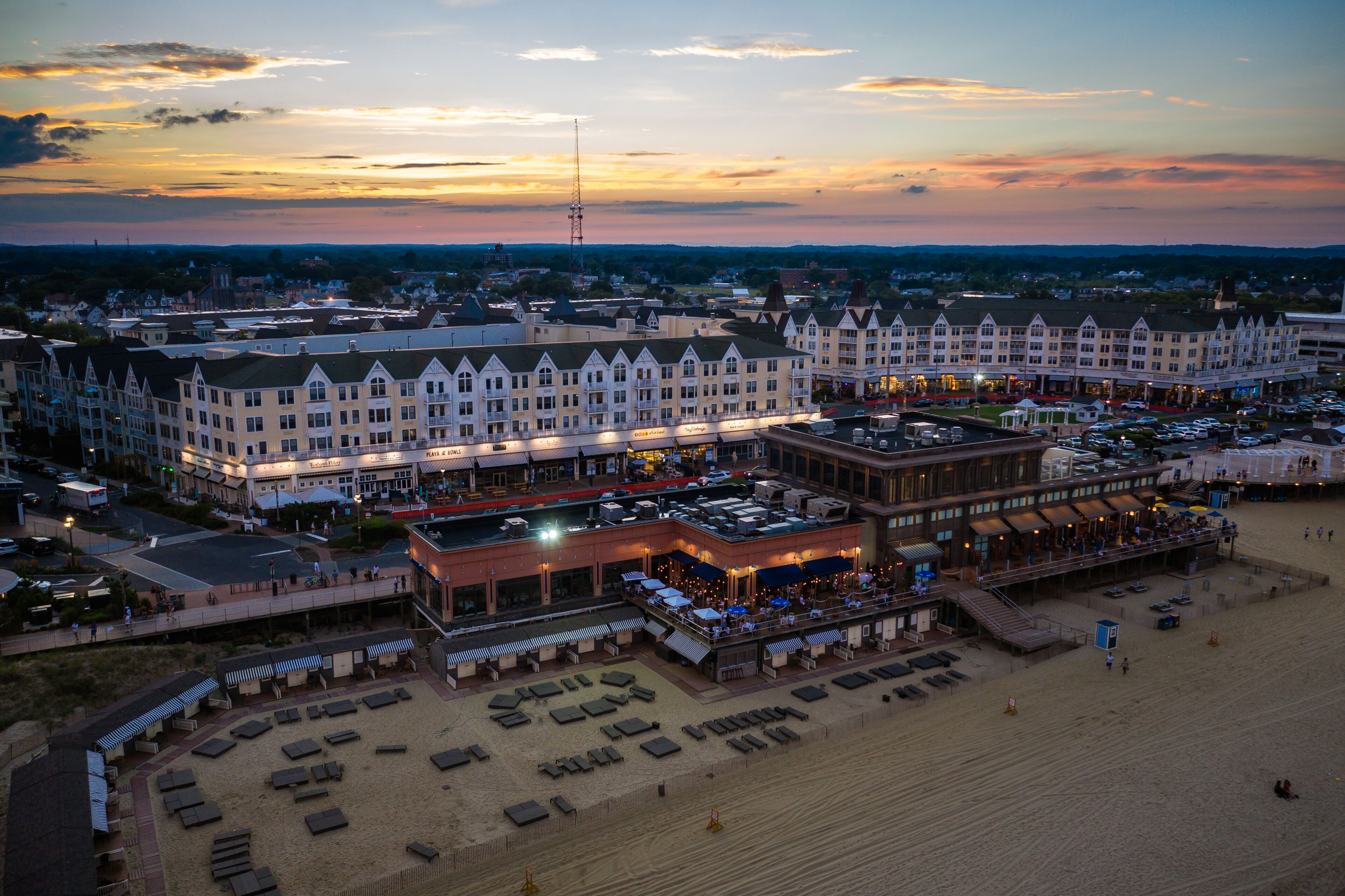 Drone Aerial of Pier Village Long Branch Sunset 