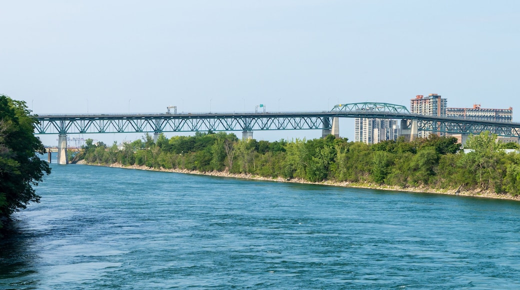 Jacques Cartier Bridge at Longueuil side. View from Notre-Dame Island. Quebec, Canada.