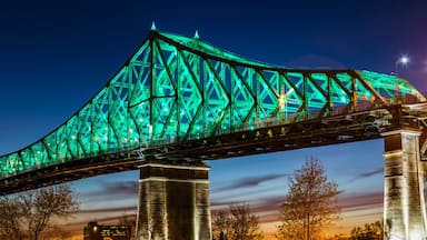 A large bridge with green lighting, spanning over a body of water with city buildings in the background.